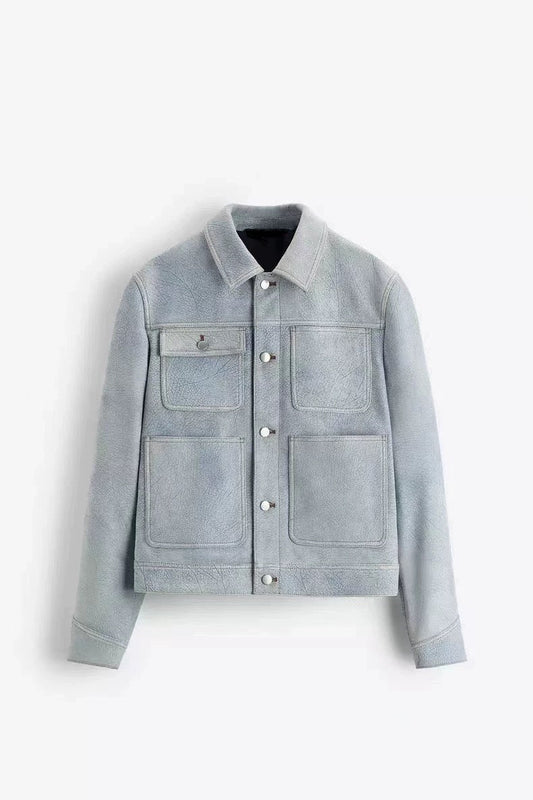 Veste Bleu Poudré Lederjacke